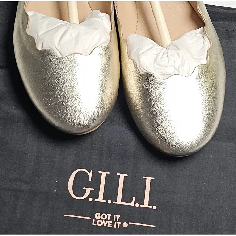G.I.L.I.‎ Izzy Gold Metallic Scalloped Leather Ballet Flats womens 5.5 A274340